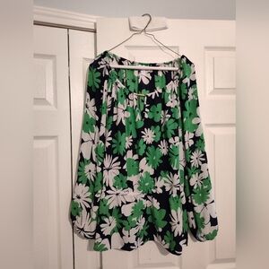Charter Club Woman 1X Floral Tunic Blouse Navy Green White Long Sleeve Top
